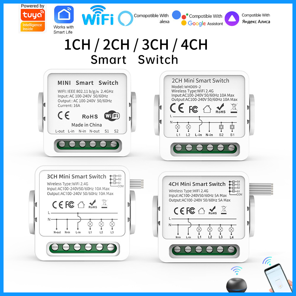 Smart Home Wifi - Tuya WiFiスマートスイッチ 1/2/3/4連 4ウェイ ミニスマートライトブレーカー スマートライフ、アレクサ、グーグルホームの音声制御に対応