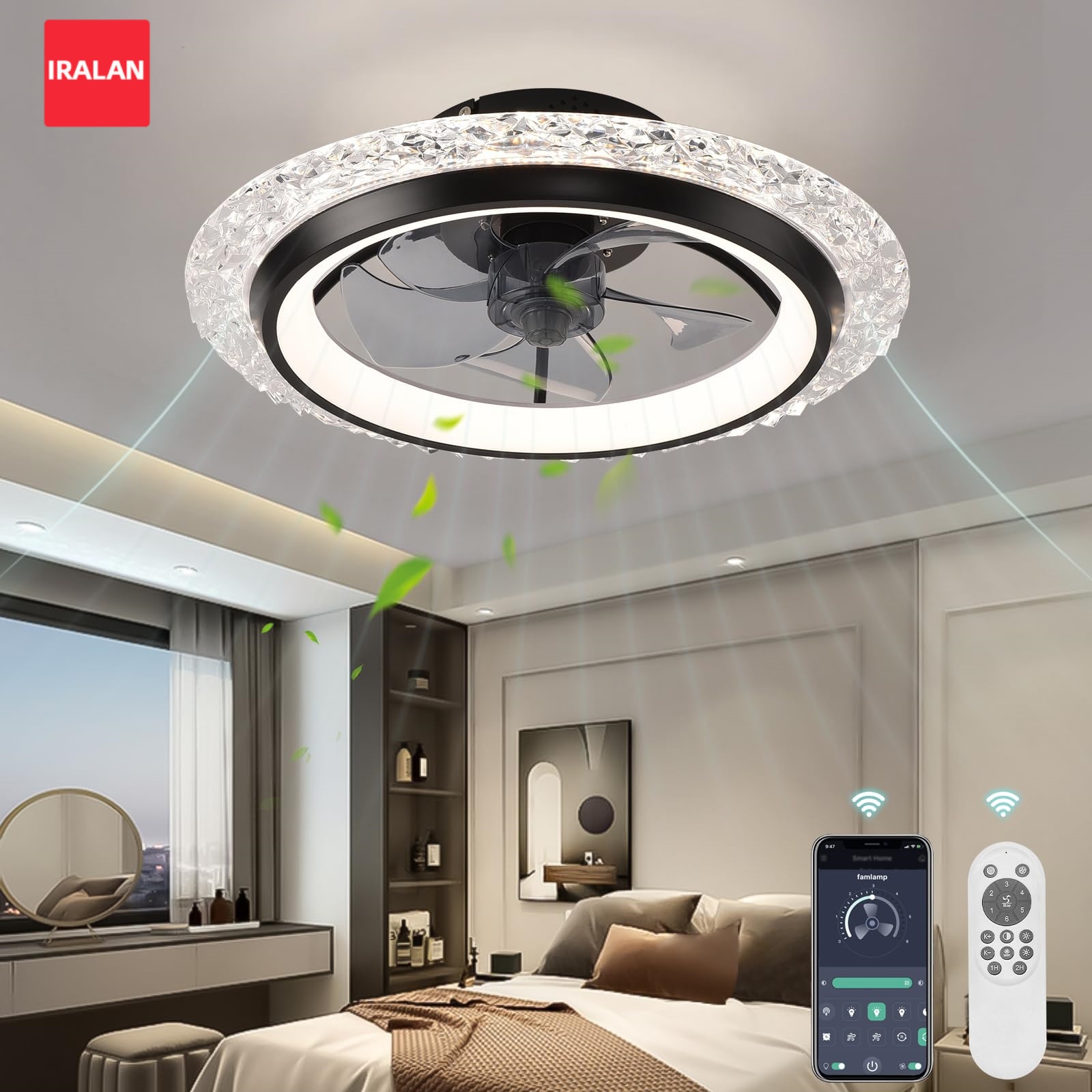 Smart Ceiling Fan - IRALAN ラウンドLEDシーリングシャンデリア、クールファン付きスマート6段階風量リモコン調光シーリングファンライト