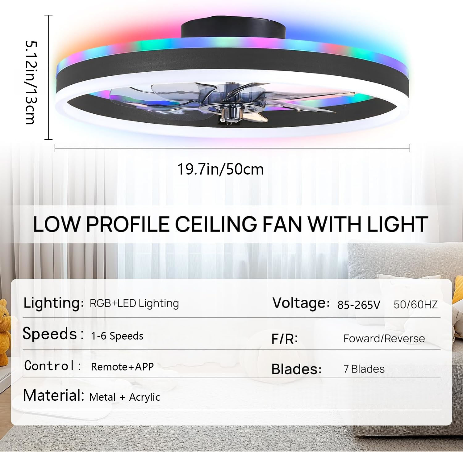 Smart Ceiling Fan - RGBスマートシーリングファンライト 6段階風量調節 + 星空効果、モダンで控えめなLEDシーリングファンライト