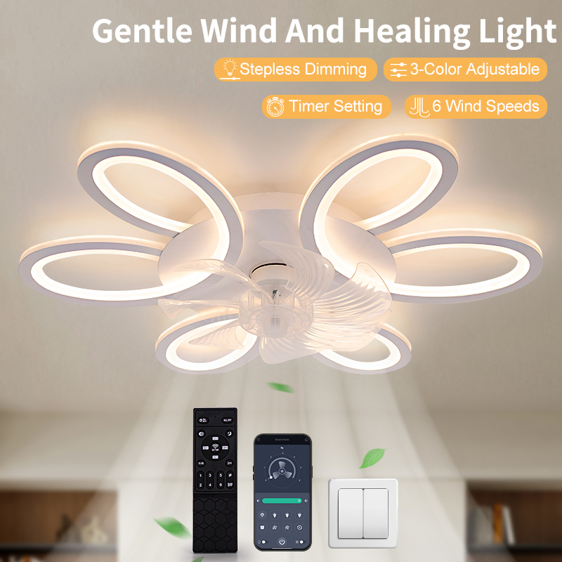 Smart Ceiling Fan - シーリングファンライト付き 25.83インチ リモコン付きアプリ 6段階風量調節 花型 北欧風