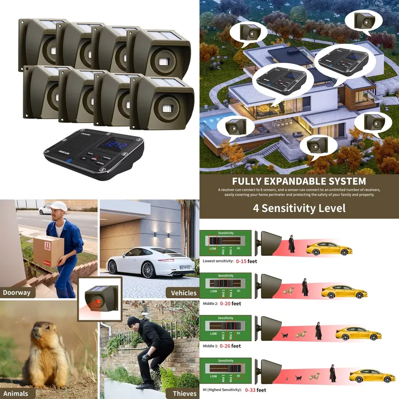 Pir Motion Sensor - 屋外ソーラー発電式ワイヤレス私道警報システム、PIRモーションセンサー付き、家庭および農場のセキュリティ用、受信機1台、センサー8個