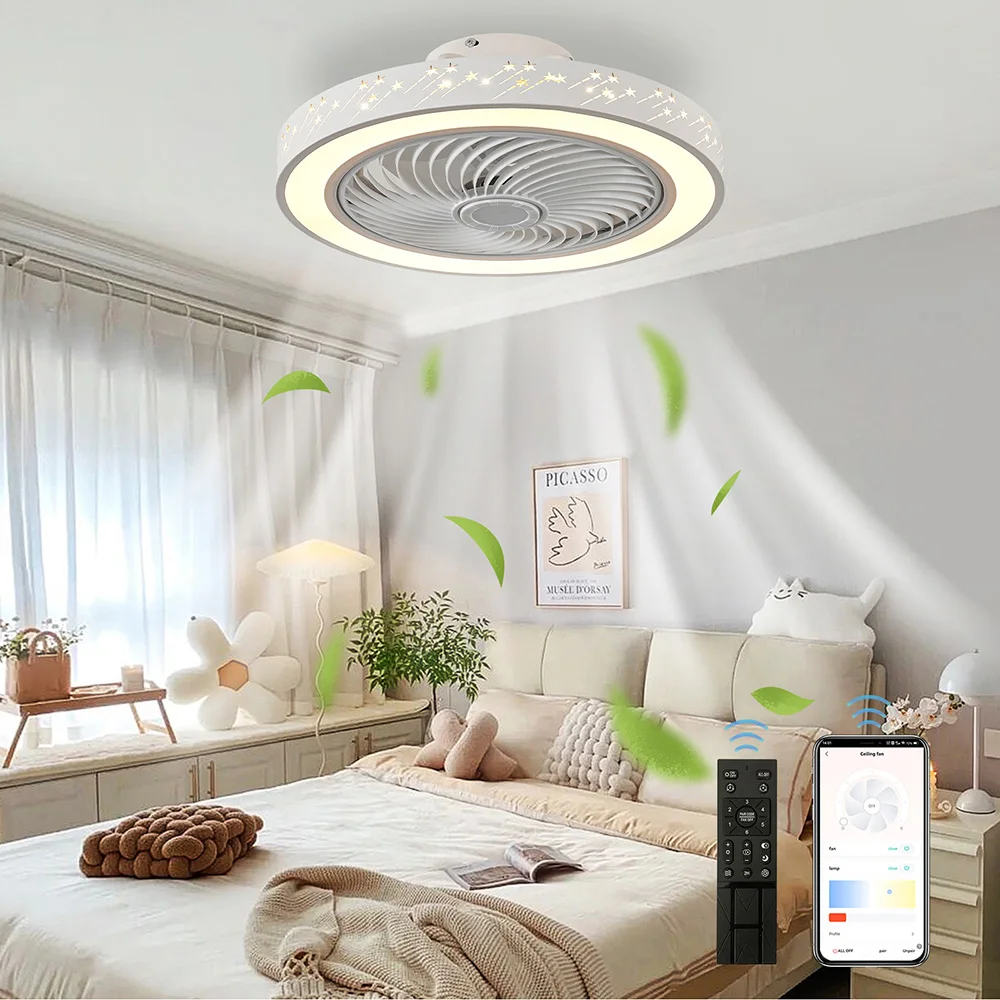 Smart Ceiling Fan - ライト付きリモコンシーリングファン、格納式サイレント流星ファン、寝室の装飾、サイレントベンチレーター、スマートアプリ、46cm