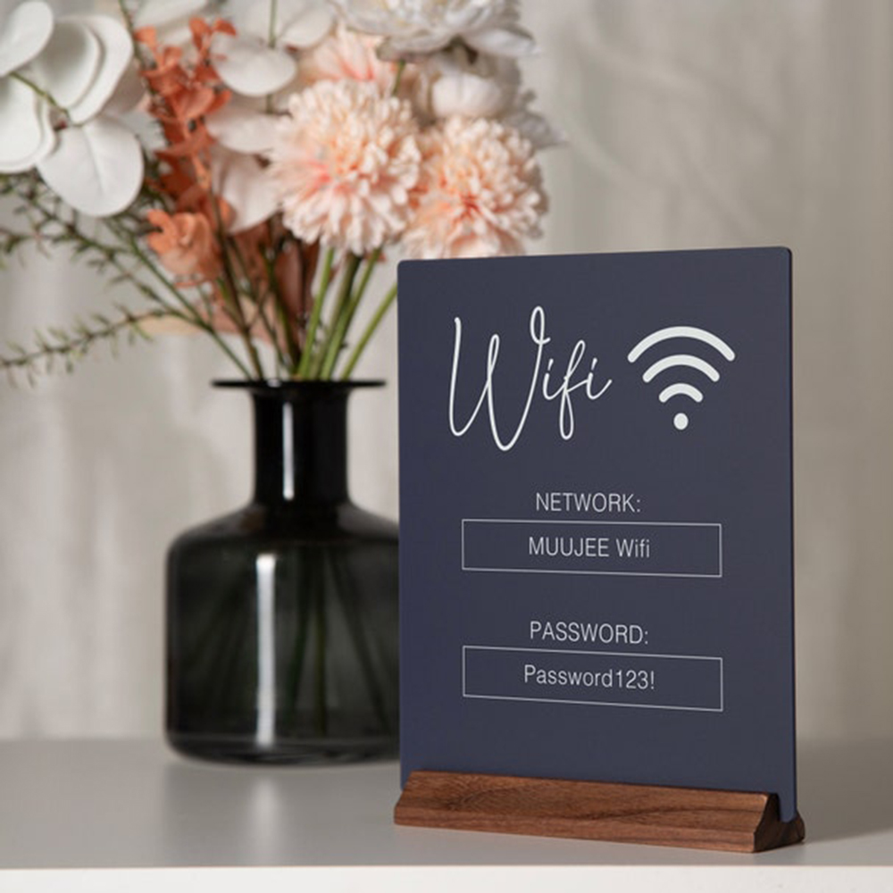 Airbnb Smart Home - カスタムWiFi QRコードアクリル製テーブルサイン（木製ベース付き）WiFi接続用サイン（自宅、Airbnb、サロン、スパ、小規模ビジネス、オフィス向け）