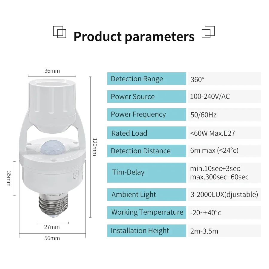 PIR モーションセンサー E27 電球ソケットランプベース - Pir Motion Sensor のレビューと価格